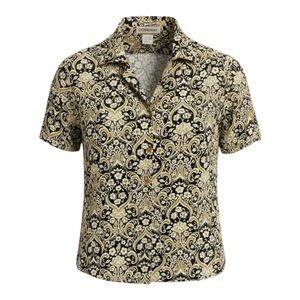 Vintage DonnKenny Crinkle Top XL Gold Black Paisley Abstract Art to Wear Blouse